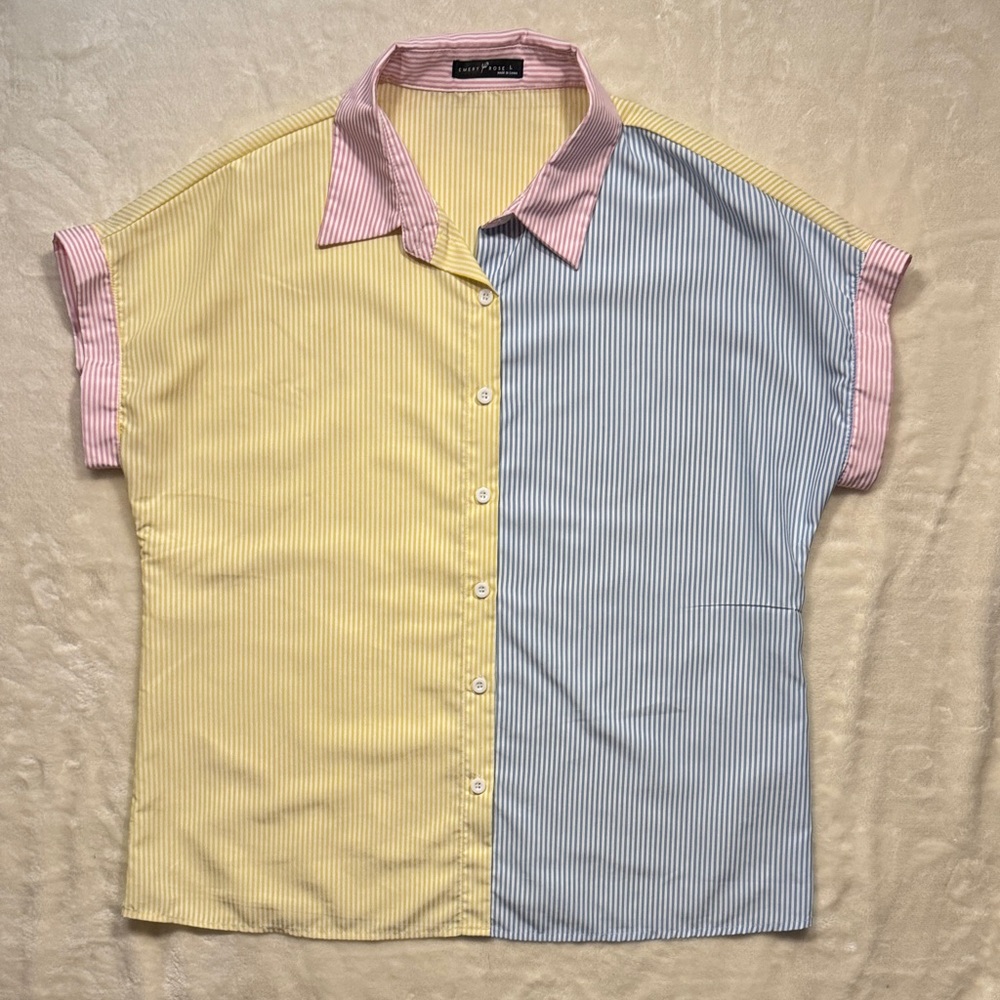 Color Block Striped Yellow and Blue Button-Up Shirt